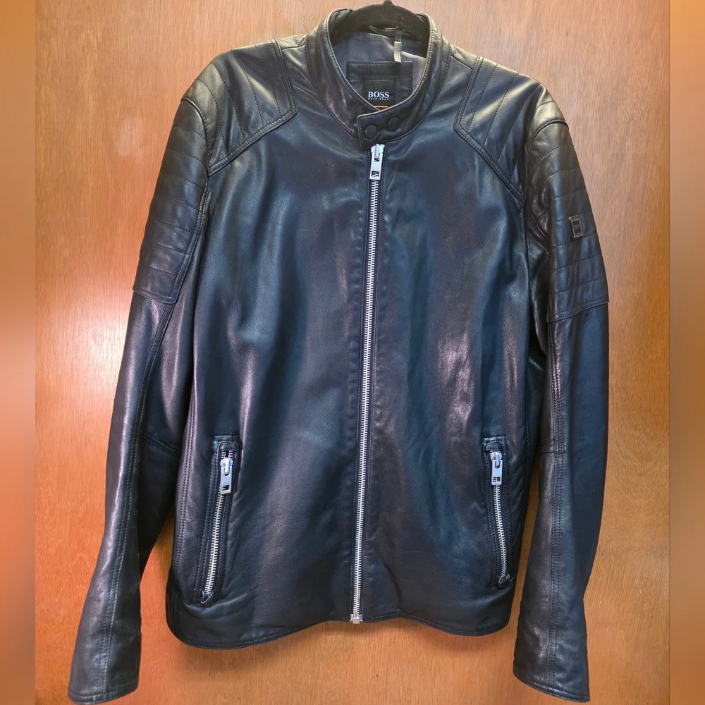 HUGO BOSS BLACK LEATHER BIKER JACKET XL 52